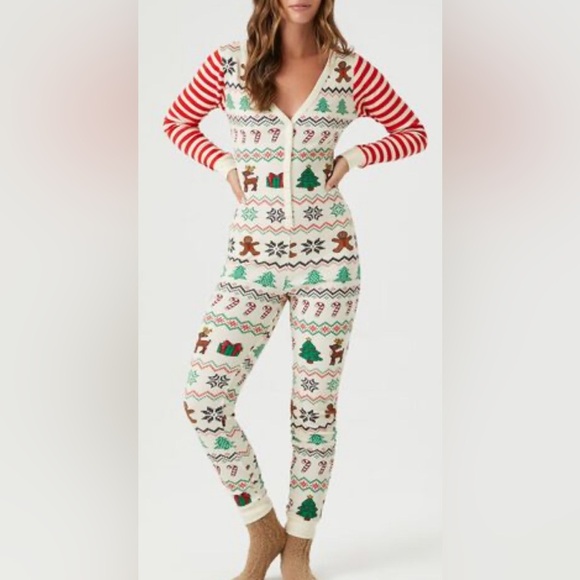 Christmas waffle knit one piece jumpsuit pajama lounger rudolf ginger bread nwot - Picture 1 of 5